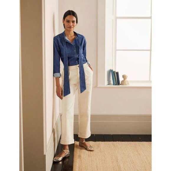 BODEN Fiona Indigo Cotton Denim Tie Neck Button Down Shirt Top, Size 12 - Picture 2 of 15